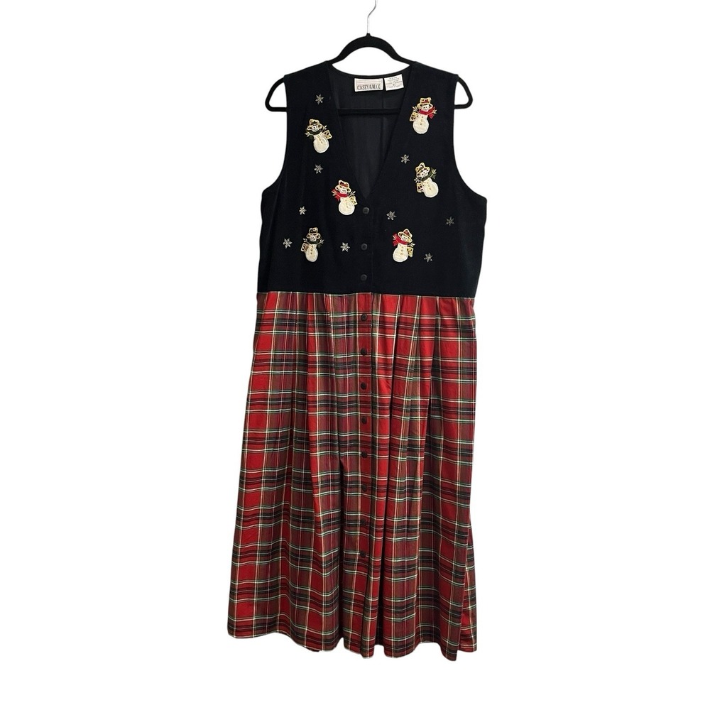 Casey & Max Jumper Dress Black Velvet Plaid Button Down Maxi XL Snowman Holiday
